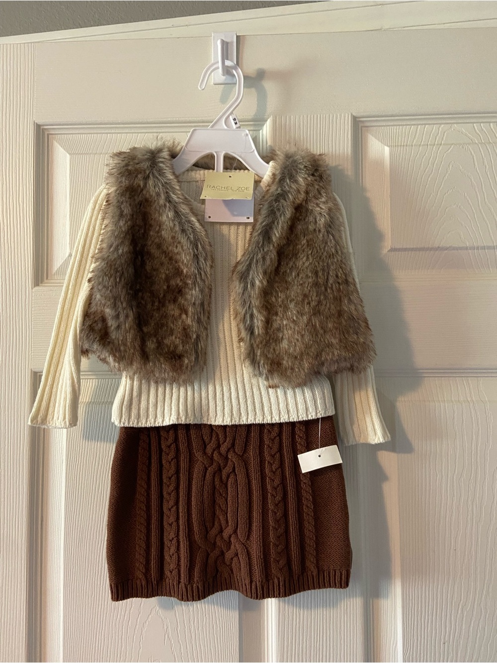 Rachel Zoe Cream Ribbed Sweater with Brown Faux Fur Trim